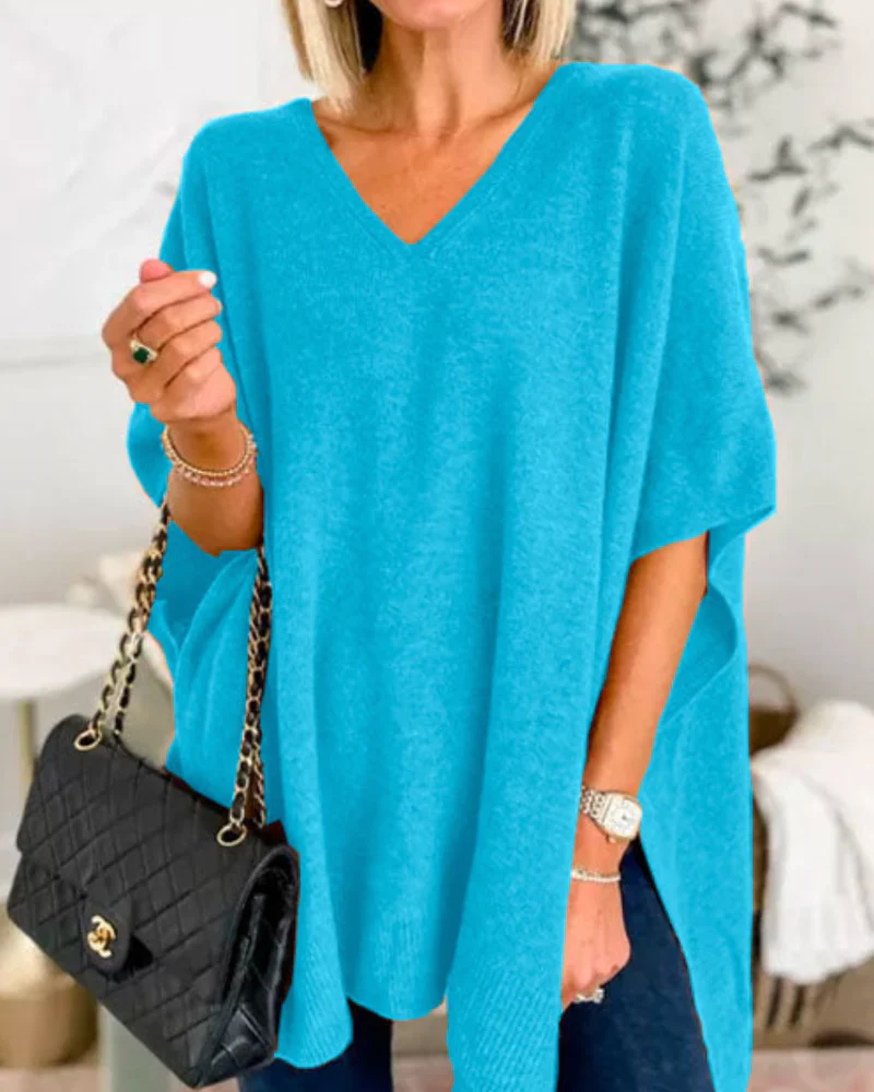 Adeline Jersey Poncho S贸lido con Cuello en V y Corte Holgado - Imagen 9