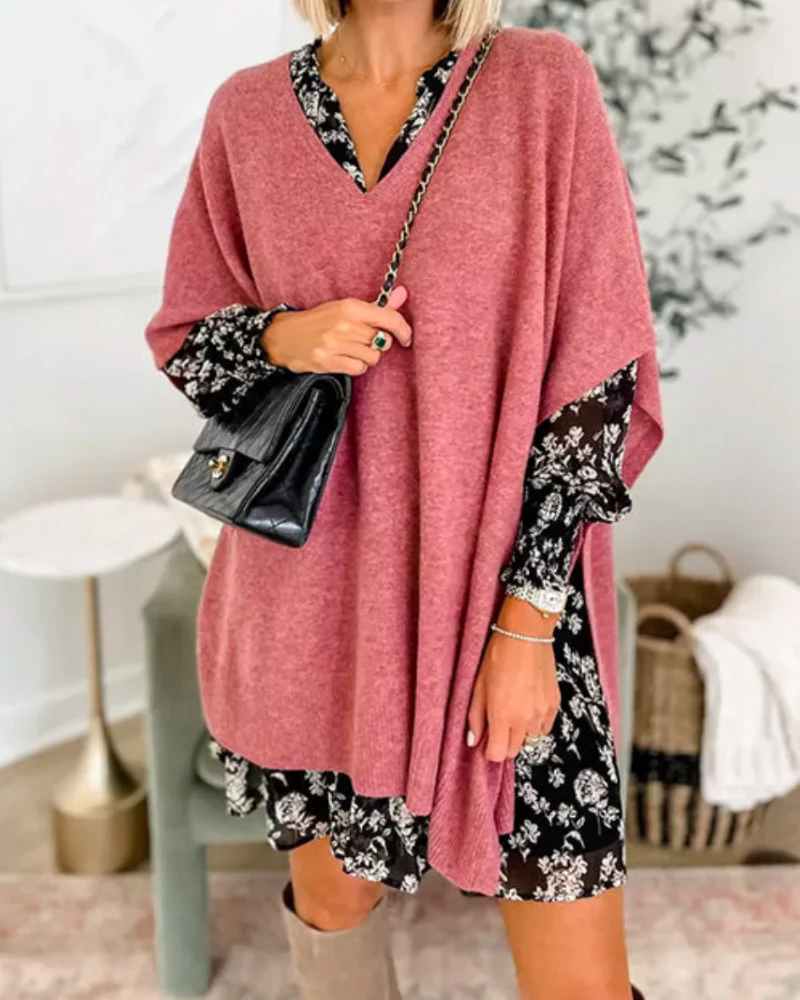 Adeline Jersey Poncho S贸lido con Cuello en V y Corte Holgado - Imagen 7
