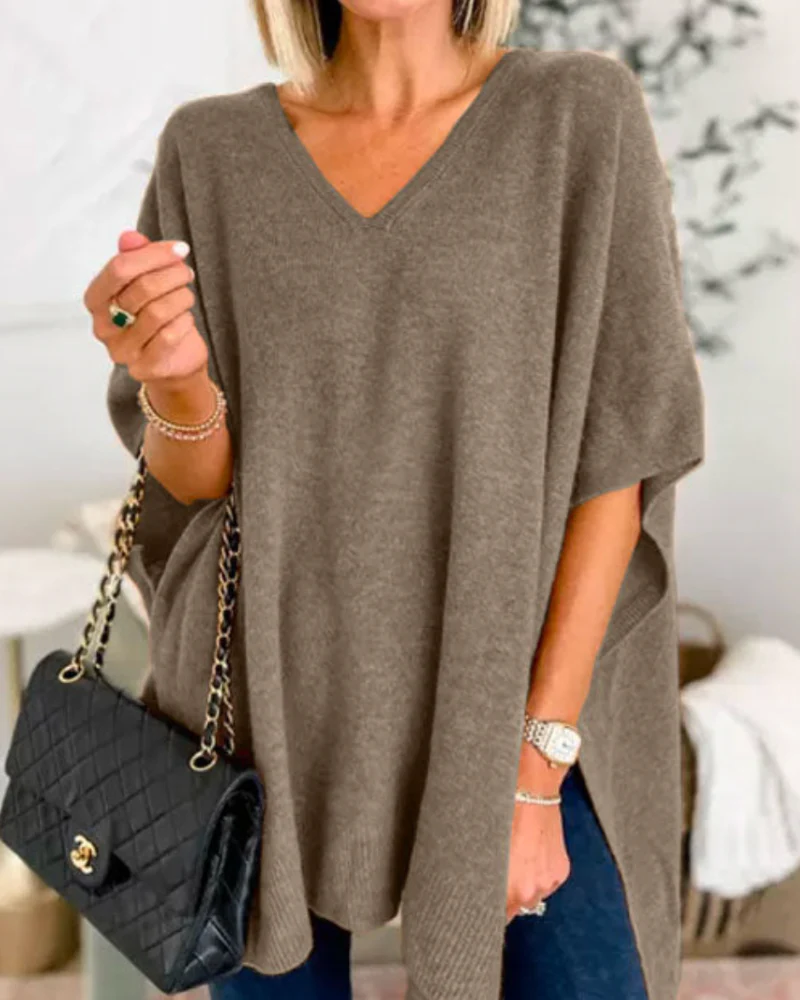 Adeline Jersey Poncho S贸lido con Cuello en V y Corte Holgado - Imagen 2