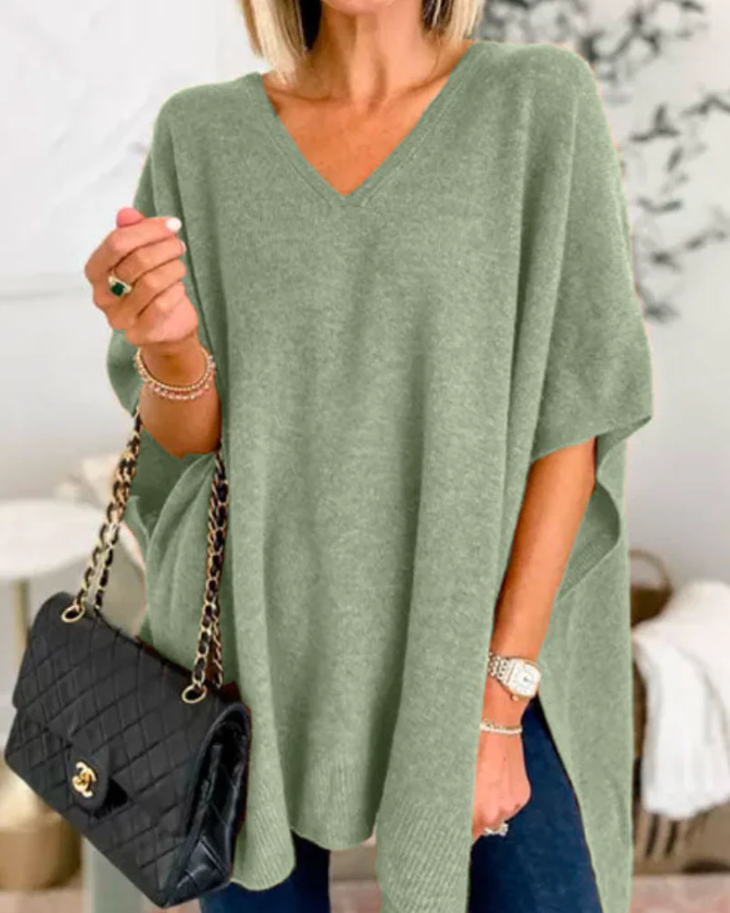 Adeline Jersey Poncho S贸lido con Cuello en V y Corte Holgado - Imagen 6