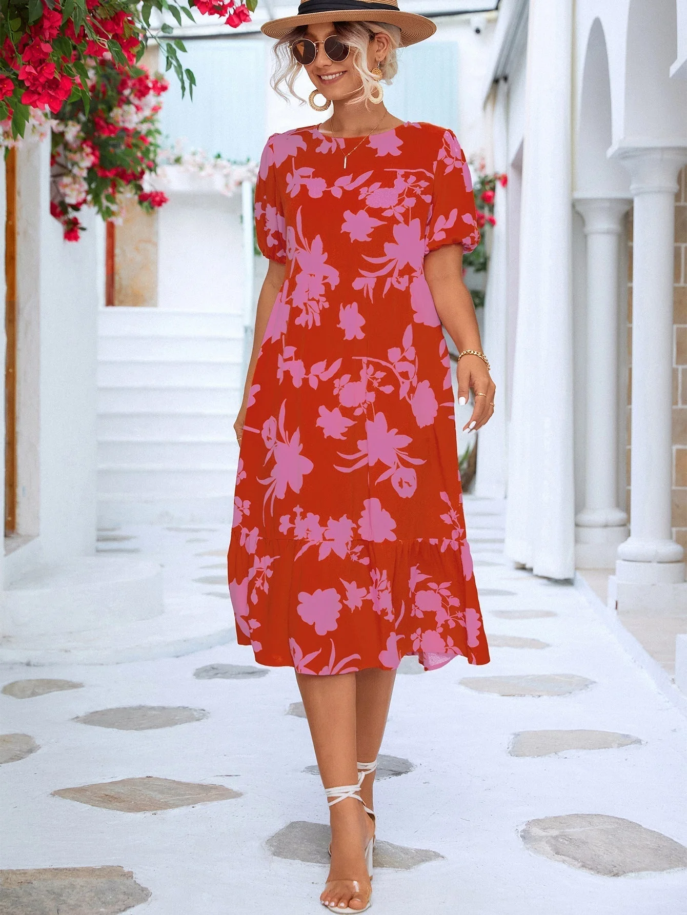 Chaya - Vestido midi floral con mangas abullonadas y bajo con volantes - Imagen 3